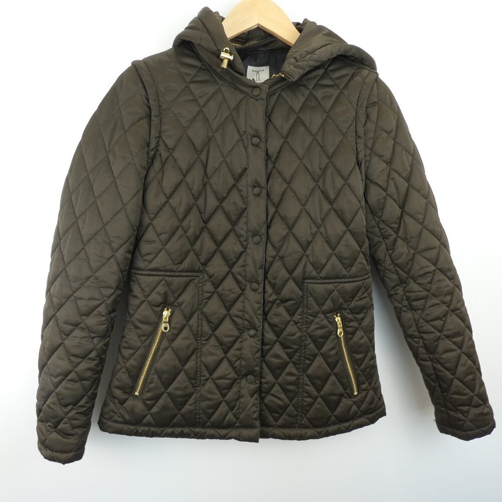 Tristan Womens Coat Medium Brown Diamond Quilted Removable Arms and Hood Jacket